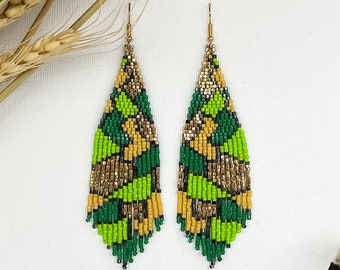 LUMINOUS JUNGLE Bright Abstract Green and Gold Statement Earrings, Fringe Seed Bead Earrings