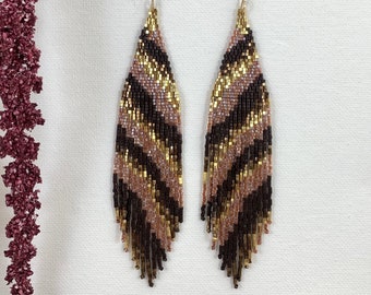 Gold and chocolate Boho seed bead earrings,  beaded earrings, fringe abstract seed bead earrings