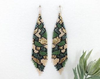 Green & Gold Fringe Earrings: Snakeskin Boho Beaded Statement Earrings