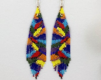 Abstract colorful beaded earrings, boho seed bead earrings, rainbow color earrings, fringe colorful earrings