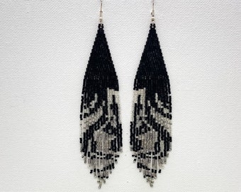 Luxury boho black and silver beaded earrings, handwoven seed bead earrings, gift for her