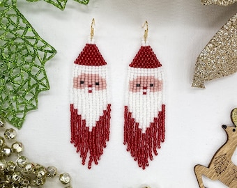 Jolly Santa Fringe Beaded Earrings: Festive Holiday Xmas Jewelry, Christmas Earrings