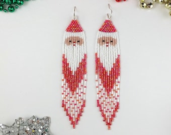 Santa Seed Bead Earrings: Long Christmas Fringe Dusters
