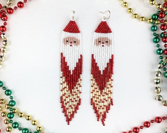 Santa seed beaded earrings, long Christmas earrings, gold and red Xmas earrings
