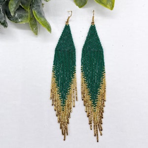 Handwoven Green & Gold Seed Bead Earrings: Boho Fringe Jewelry