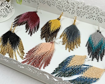 Small Miyuki Delica Seed Beaded Fringe Earrings: Boho Feather Style
