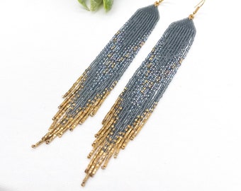 Gray and gold  beaded earrings, boho fringe earrings, seed beaded earrings