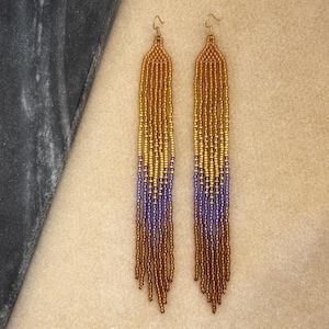 Gold, Brown and Purple Boho Beaded Earrings, Seed Bead Earrings, Fringe Long Earrings
