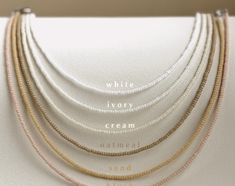 Boho Beaded Choker Necklace, White Ivory Cream Blush Seed Bead Collar, Beach Bridal Jewelry