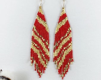 Red and gold boho seed bead earrings, beaded earrings, party earrings, Christmas gift