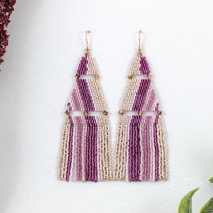 Boho Fringe Seed Bead Earrings: Lavender Geometric Dangles
