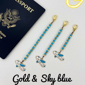 Airplane Zipper Pull, Flight Attendant Dress Zipper Pull, Plane Charm Zipper Pull G-gold&sky blue