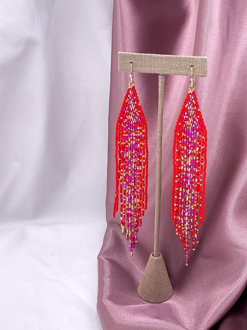 Red unique seed beaded earrings pink and gold galaxy beaded earrings Valentine\u2019s gift for her statement boho earrings