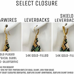 May include: Three close-up images of earrings with a gold-plated surgical steel earwire, 14k gold-filled leverback, and 14k gold-filled shield leverback. The earrings are made with black, white, and green beads. The text "SELECT CLOSURE" is at the top of the image. The text "GOLD PLACED Surgical Steel HYPO-Allergenic" is below the earwire image. The text "14K GOLD-FILLED" is below the leverback images. The text "AVAILABLE PER REQUEST" is below the images. The text "CLIP-ONS for non-pierced ears (in GOLD, Silver, and rose GOLD)" is below the text "AVAILABLE PER REQUEST". The text "SILVER COLOR Closures (earwires, Sterling Silver Leverbacks, Sterling Silver SHIELD Leverbacks)" is below the text "CLIP-ONS for non-pierced ears (in GOLD, Silver, and rose GOLD)".