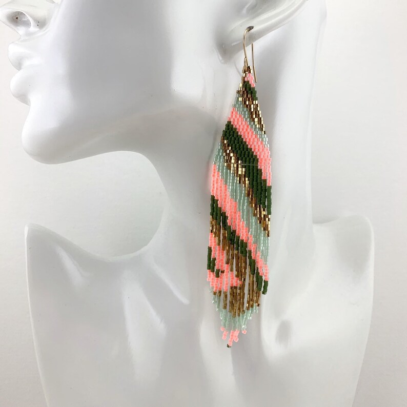 Boho Seed Bead Earrings Neon Beaded Earrings Fringe Abstract Etsy