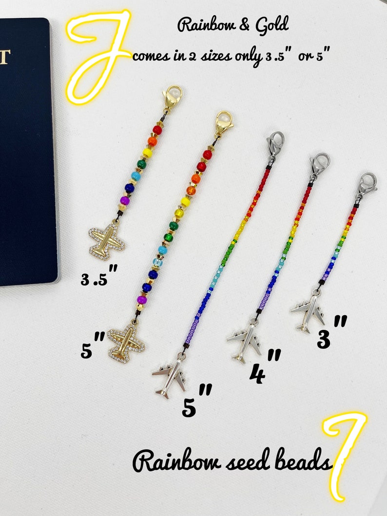 May include: Rainbow and gold beaded keychain with airplane charms. The keychain comes in two sizes: 3.5 inches and 5 inches.  "Rainbow seed beads" is written on the image.
