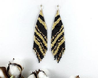 Black & Gold Seed Bead Earrings: Boho Fringe Earrings