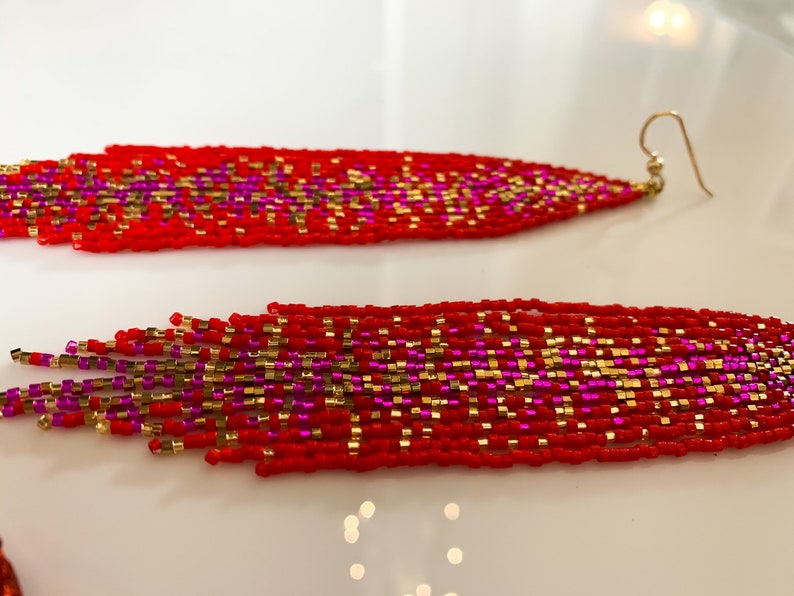 Red unique seed beaded earrings pink and gold galaxy beaded earrings Valentine\u2019s gift for her statement boho earrings