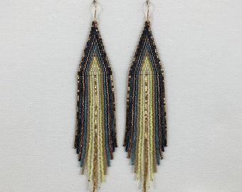 Boucles d'oreilles tendance en perles de rocaille tissées à la main : bleu sarcelle, brun et or