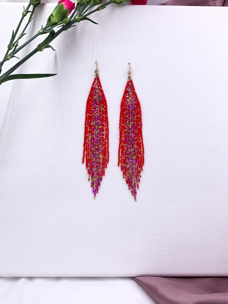 Red unique seed beaded earrings pink and gold galaxy beaded earrings Valentine\u2019s gift for her statement boho earrings