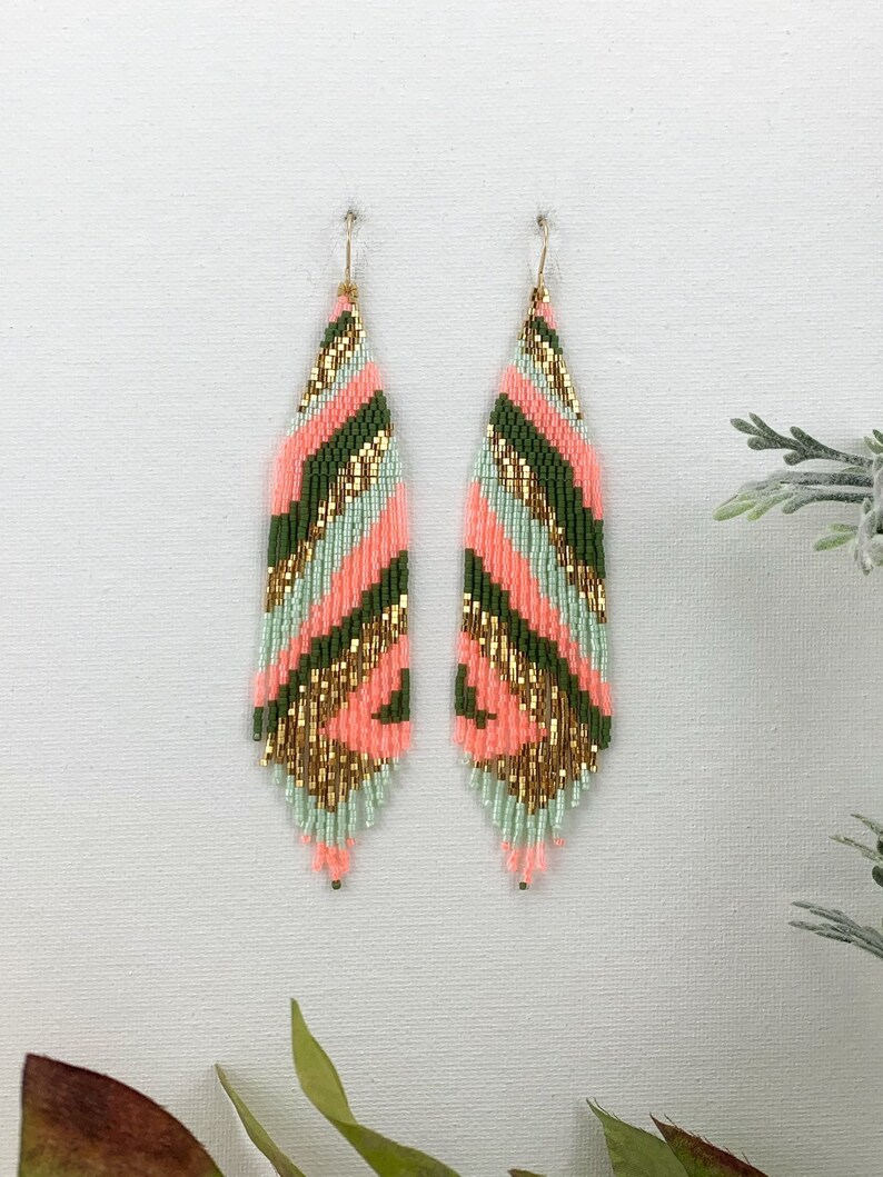 Boho Seed Bead Earrings Neon Beaded Earrings Fringe Abstract Etsy