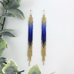 Gold & Navy Blue Ombré Beaded Fringe Earrings