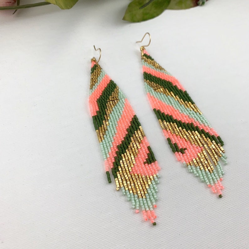 Boho Seed Bead Earrings Neon Beaded Earrings Fringe Abstract Etsy