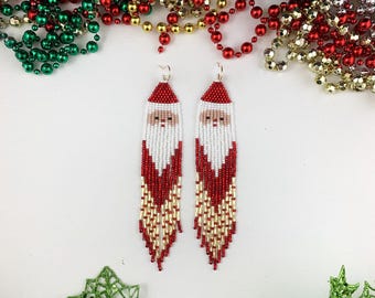 Beaded Santa Earrings: Seed Bead Christmas Fringe Earrings