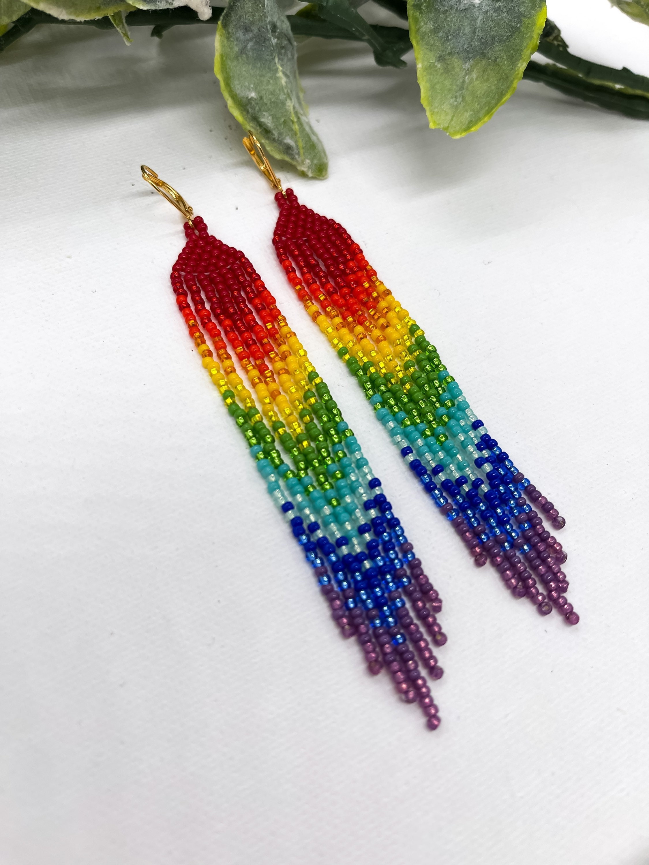 Rainbow Seed Bead Earrings Fringe Rainbow Earrings Beaded