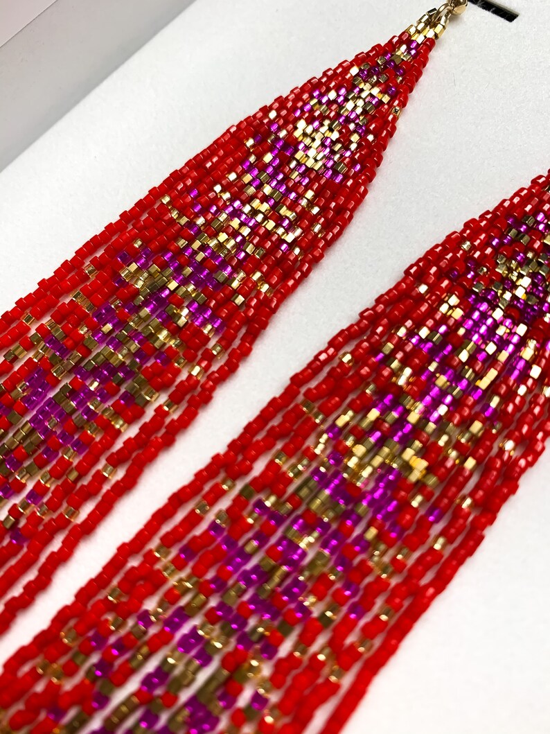 Red unique seed beaded earrings pink and gold galaxy beaded earrings Valentine\u2019s gift for her statement boho earrings