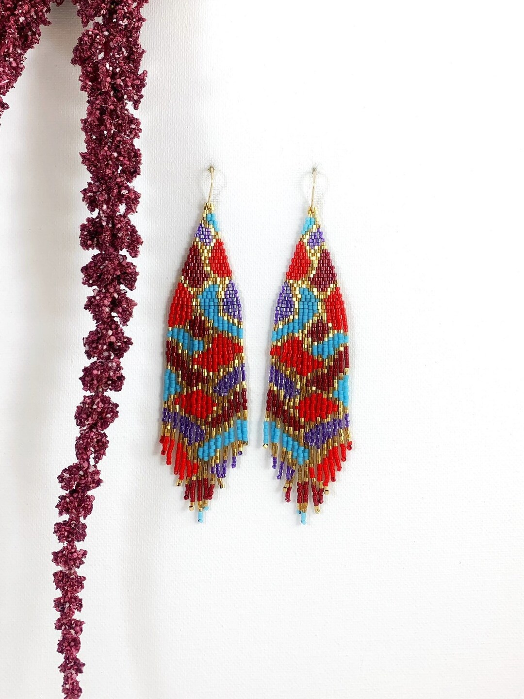 Vibrant Colors Abstract Gold, Red, Blue and Purple Beaded Earrings ...