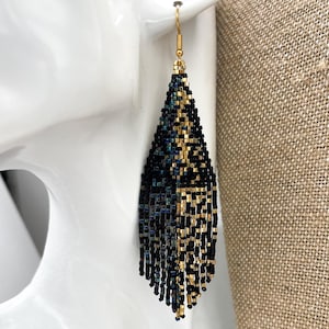 Galaxy Statement Earrings, Black and Gold Celestial Seed Bead Earrings, Elegant Bead Fringe Earrings