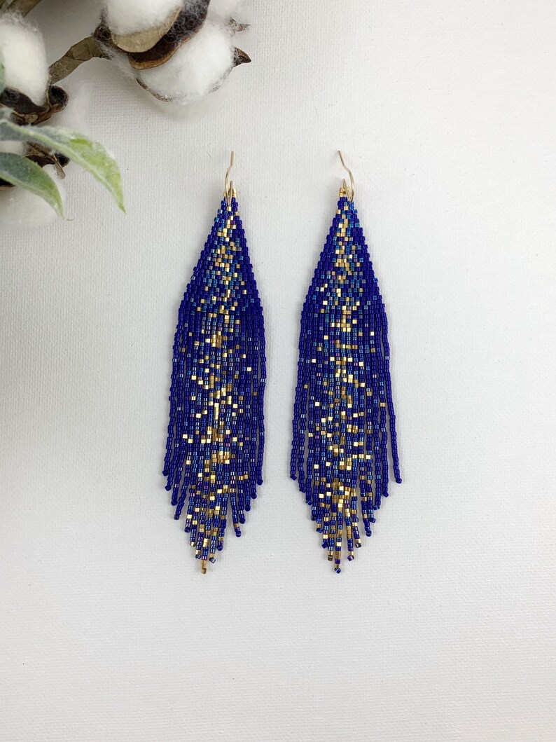 Blue and Gold Galaxy Beaded Earrings Statement Boho Earrings Etsy