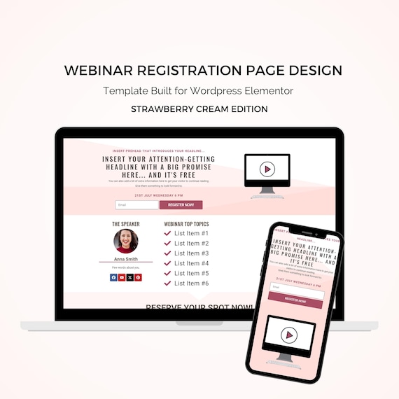 Webinar Registration Page Template for Wordpress Elementor | Strawberry Cream Edition