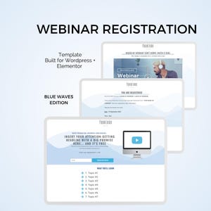 Webinar Registration 3-Page Set: Blue Waves  Webinar Optin Page  Wordpress Elementor Template
