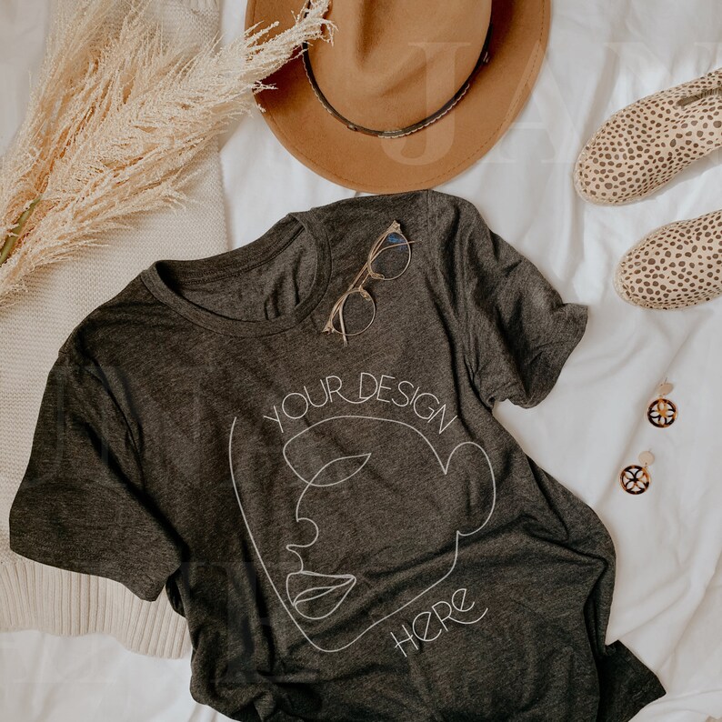 Download Bella Canvas 3001 dark heather grey Shirt Mockup flatlay | Etsy
