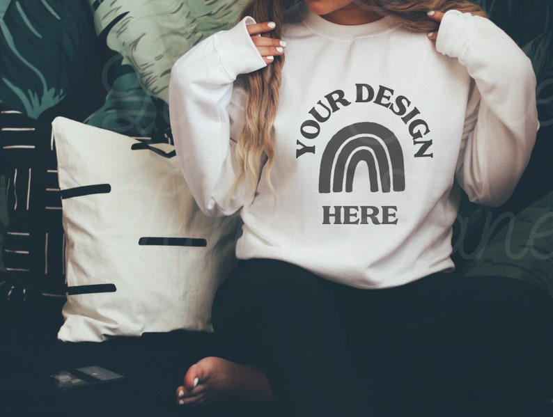 Download Gildan 18000 White Sweatshirt Mockup Model Mockup | Etsy