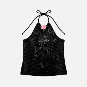 Vintage 90s Beware Made in USA Black Velvet Sequin Party Club Halter Cami Top