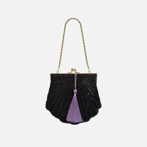 Vintage 90s Black Beaded Purple Fringe Tassel Mini Chain Kiss Lock Seashell Purse