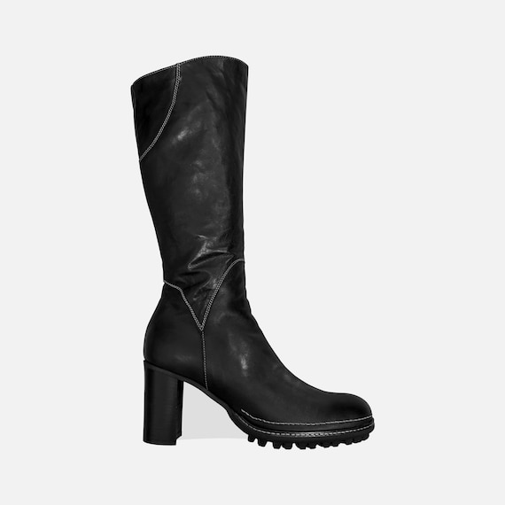 Vintage 90s Barneys New York Co-Op Black Contrast Stitch Tall Knee High Lug Sole Boots Size 38 EU 7.5 / 8 US