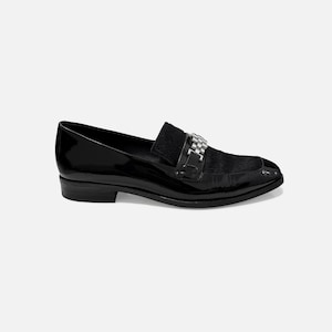 Vintage 90s Donald J. Pliner Black Silver Hardware Pony Hair Patent Leather Loafers
