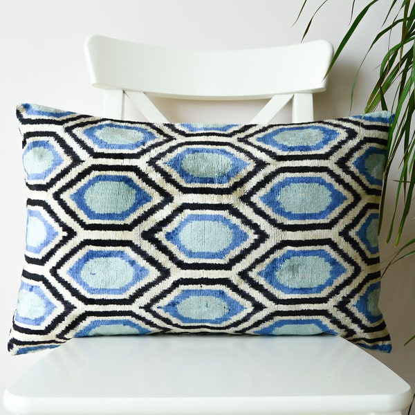 ikat pillow blue, blue white ikat lumbar pillow, blue ikat throw pillow, decorative pillow, handwoven silk pillow, velvet ikat pillow case