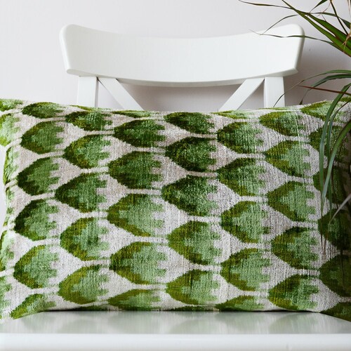 Blue Green Ikat Pillow Velvet Silk Lumbar Pillowhandwoven Etsy
