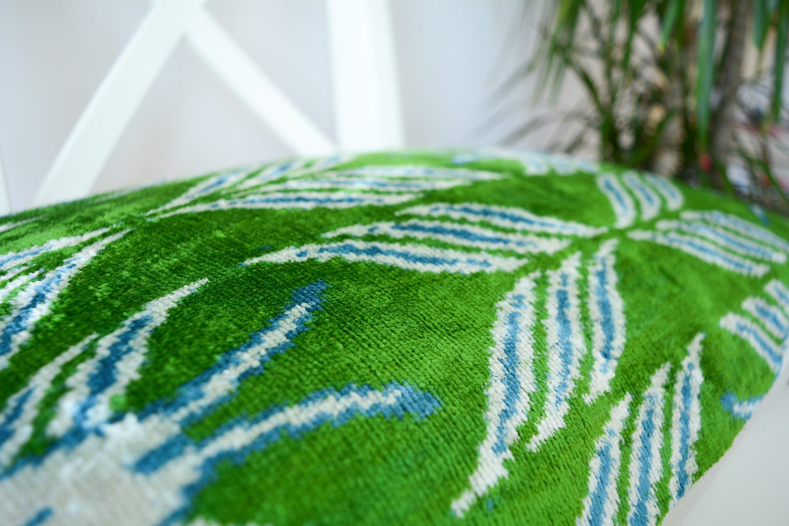 Blue Green Ikat Pillow Velvet Silk Lumbar Pillowhandwoven Etsy