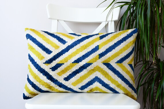 Yellow Blue Ikat Pillow Case Silk Velvet Ikat Pillow Cover Etsy