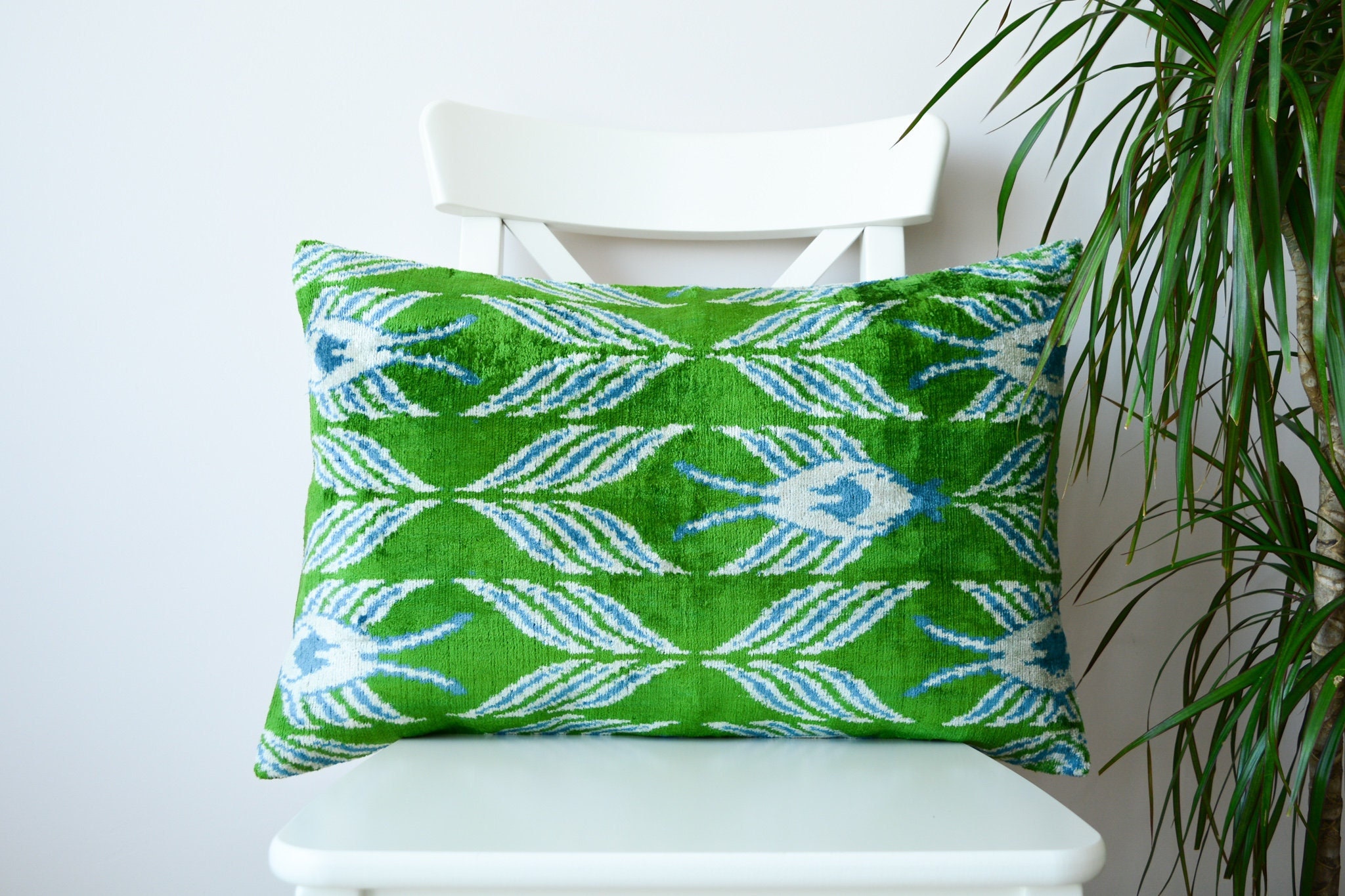 Blue Green Ikat Pillow Velvet Silk Lumbar Pillowhandwoven Etsy