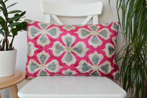 Rose Gris Velours Fleuri Ikat Taie Doreiller Housse De