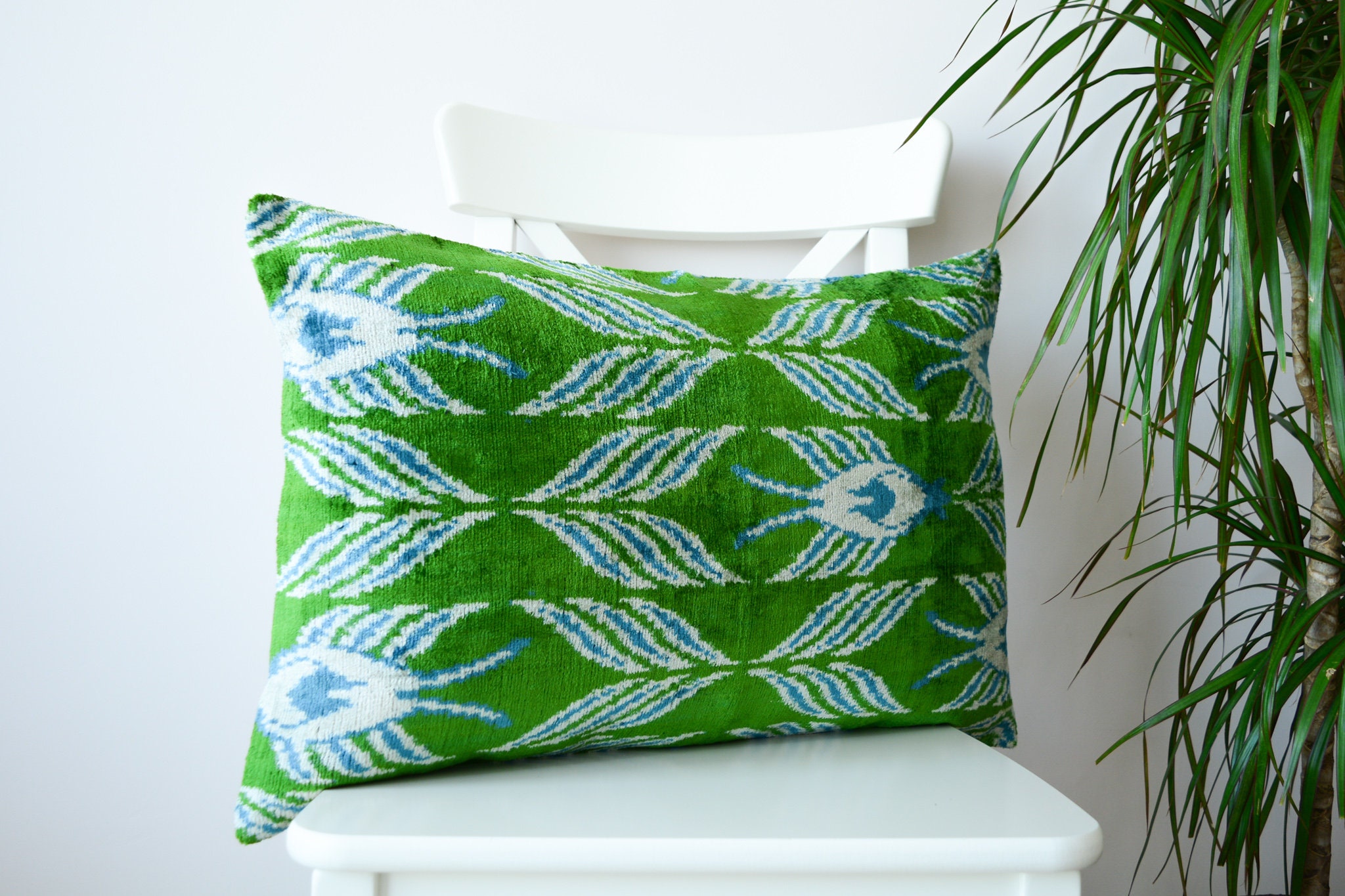 Blue Green Ikat Pillow Velvet Silk Lumbar Pillowhandwoven Etsy