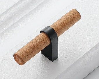 Black + Wood Cabinet Pull Handle Dresser Drawer Knobs Pulls Black Handles Unique Kitchen Furniture Hardware Wooden  Modern Simple Handle