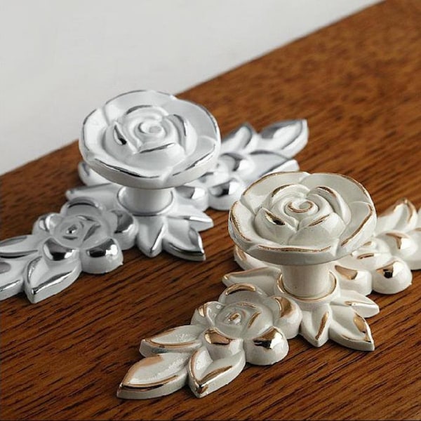 Shabby Chic Dresser Drawer Knobs Pulls Handles Creamy White Silver Gold Rose Flower Kitchen Cabinet Knobs Handles Pull Ornate Knob Hardware